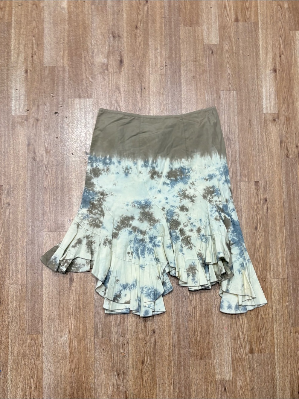 Calvin Klein Olive and Cream Tie-Dye Asymmetrical Ruffle Skirt